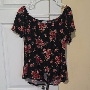 Black Floral Off-Shoulder Tie-Hem Blouse